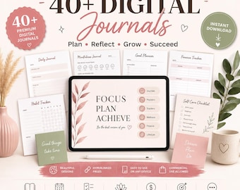 40+ Digital Journal Bundle | GoodNotes Planner Pack | Budget, Fitness, Gratitude & Wellness Journals | Editable Canva Template