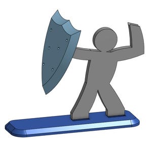 Może przedstawiać: Szara figura z uniesionymi ramionami, trzymająca niebieską tarczę. Figura stoi na niebieskiej prostokątnej podstawie. Tarcza ma zakrzywioną górę i kilka małych, okrągłych detali.