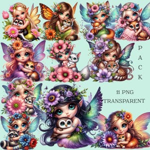 Clipart,png fée kawaii avec petits animaux mignons fond transparent