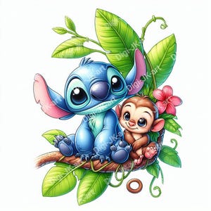 Clipart,png cute stitch jungle avec petit singe fond transparent 300dpi