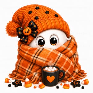 May include: A white ghost character wearing a ribbed orange knit hat with black star accents and a matching orange plaid scarf. The ghost has large black eyes and is positioned behind a black mug filled with hot cocoa and marshmallows.