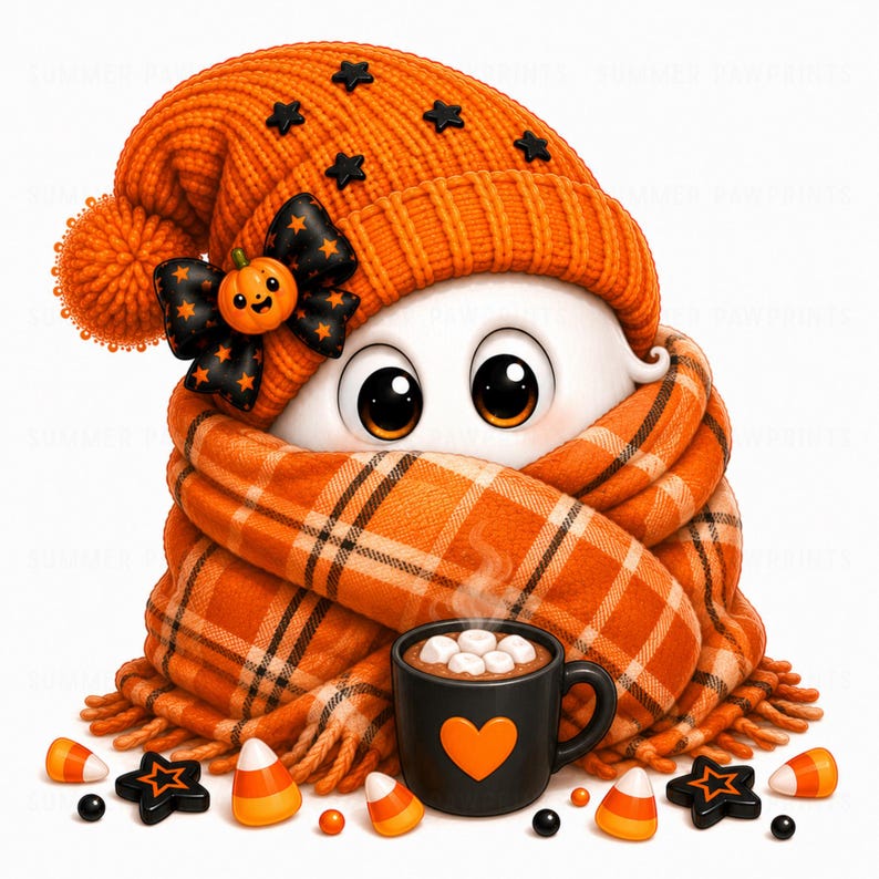 May include: A white ghost character wearing a ribbed orange knit hat with black star accents and a matching orange plaid scarf. The ghost has large black eyes and is positioned behind a black mug filled with hot cocoa and marshmallows.