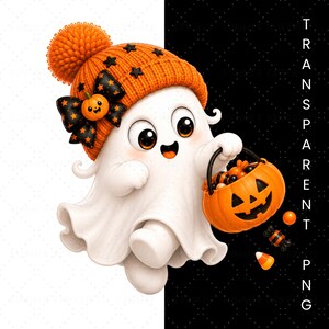 May include: A white cartoon ghost character wearing an orange knit beanie with a pom-pom and black star patterns. The ghost has large brown eyes, a smiling mouth, and holds an orange jack-o'-lantern bucket filled with candy corn and treats.