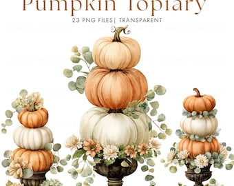 May include: A digital illustration of three pumpkin topiaries in dark urns. The pumpkins are stacked in shades of orange, white, and cream, accented with green eucalyptus leaves and light-colored flowers. Text reads: WATERCOLOR Pumpkin Topiary 23 PNG FILES | TRANSPARENT.
