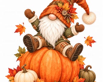 May include: A gnome with a long white beard wearing a plaid orange hat decorated with autumn leaves and a button, sitting on a large orange pumpkin. The gnome wears brown mittens and boots, surrounded by smaller white and green pumpkins and fall leaves.