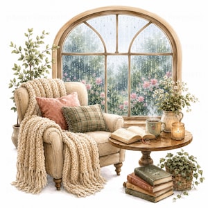 Può includere: Un'illustrazione di una poltrona beige con una coperta in maglia grossa, un cuscino rosa e un cuscino a quadri. Accanto, un tavolino rotondo in legno sostiene un libro aperto, una tazza fumante, un vaso di fiori e una candela, con libri impilati.