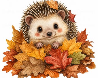 May include: A watercolor illustration of a small, smiling hedgehog with brown and cream quills, peeking out from a pile of vibrant autumn leaves in shades of orange, yellow, red, and brown. The hedgehog has rosy cheeks and dark eyes.