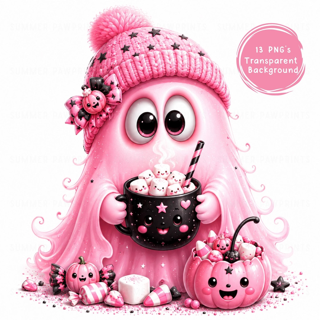 Pink Halloween Ghost Clipart Cute Kawaii Ghost PNG Pastel Halloween ...