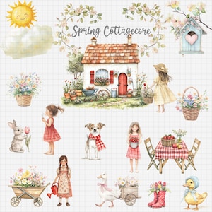 Spring Cottage Clipart Set, 49 Watercolor PNGs, Floral Garden Elements, Transparent Background