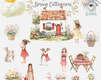 Vårstuga Clipart Set, 49 akvarell PNG-bilder, blommiga trädgårdselement, transparent bakgrund