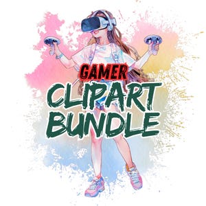 Aquarell Gamer Clipart Bundle, 50 PNGs, Gaming Birthday Grafiken, Controller, Pixel Art, Gamer Girl & Boy, transparenter Hintergrund