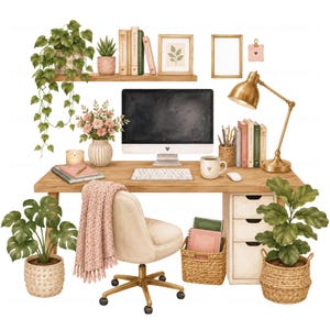 May include: A digital illustration of a home office workspace featuring a wooden desk, a computer monitor, a keyboard, a mouse, a brass desk lamp, a beige office chair with a pink throw blanket, books, potted plants, and storage baskets.