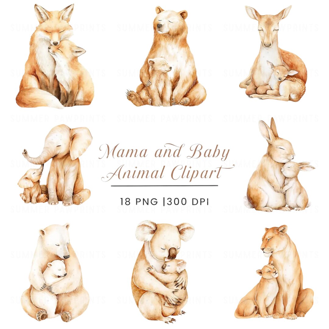 Watercolor Baby Animals Clipart Bundle Cute Nursery Animal Set Mom and ...
