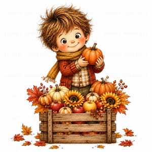 May include: A cartoon illustration of a child with messy brown hair wearing a mustard yellow scarf and a red knit cardigan, holding a small orange pumpkin. The child stands behind a wooden crate filled with pumpkins, red apples, and sunflowers.