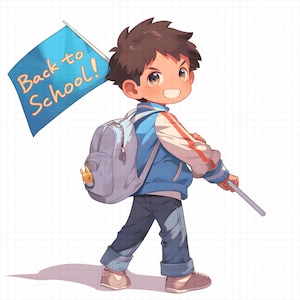 Back to School Chibi Boys Clipart – 12 PNGs, Cute School Boy Illustrations, Classroom Kids Graphics, White Background