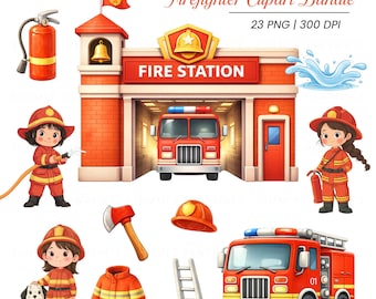 Firefighter Clipart Bundle Kids Fire Truck Fire Station PNG Cartoon Fireman Graphics Birthday Party Sublimation