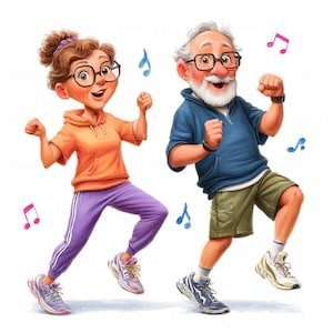 Könnte beinhalten: Illustration einer Frau und eines Mannes beim Tanzen, umgeben von Noten. Die Frau trägt einen orangefarbenen Kapuzenpullover, eine lila Jogginghose und Turnschuhe. Der Mann trägt ein blaues Sweatshirt, khakifarbene Shorts und Turnschuhe.