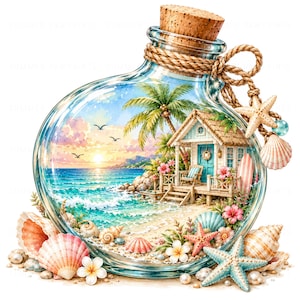 Può includere: Una bottiglia in vetro trasparente con tappo in sughero, avvolta da uno spago con un ciondolo a forma di stella marina e conchiglia. All'interno si trova una scena di spiaggia tropicale con un cottage, una palma, l'oceano e un tramonto.