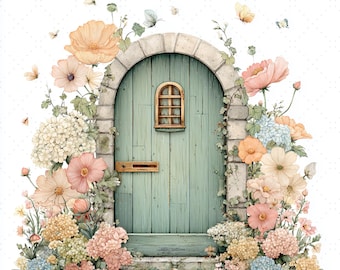 Watercolor Floral Fairy Doors Clipart, Fantasy Garden (Digital Download)