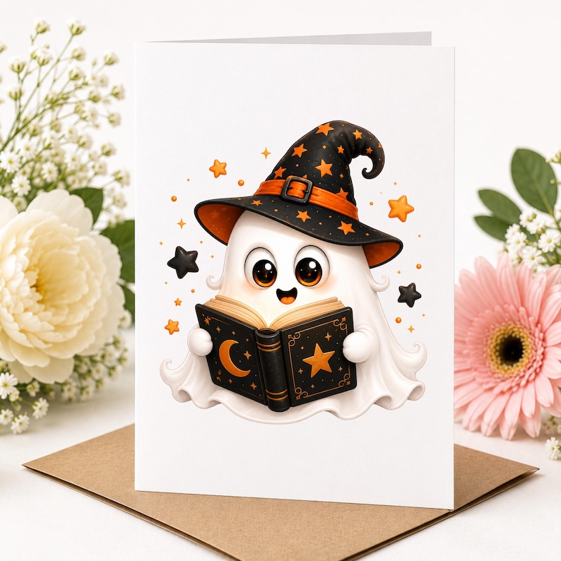 May include: A white greeting card featuring a cartoon ghost wearing a black witch hat with orange stars and an orange band. The ghost has large dark eyes and is holding an open black book decorated with a gold crescent moon and a gold star.