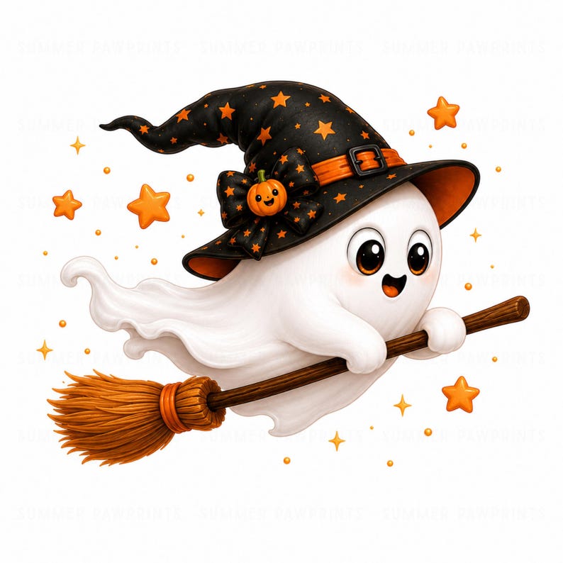May include: A white ghost with large dark eyes and a smiling mouth wearing a black witch hat decorated with orange stars, a black bow, and a small pumpkin. The ghost is flying on a brown wooden broomstick surrounded by small orange stars.