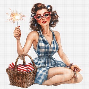 Vintage Patriotic Girl Clipart PNG, 4th of July Retro Women Illustrations, USA Americana Outfit Bundle, Watercolor Style | 12 PNG Files