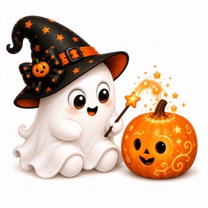 May include: A white ghost character wearing a black witch hat with orange stars and a small pumpkin bow, holding a star-tipped wand that casts glowing sparkles over a carved orange pumpkin with a smiling face and swirling decorative patterns.