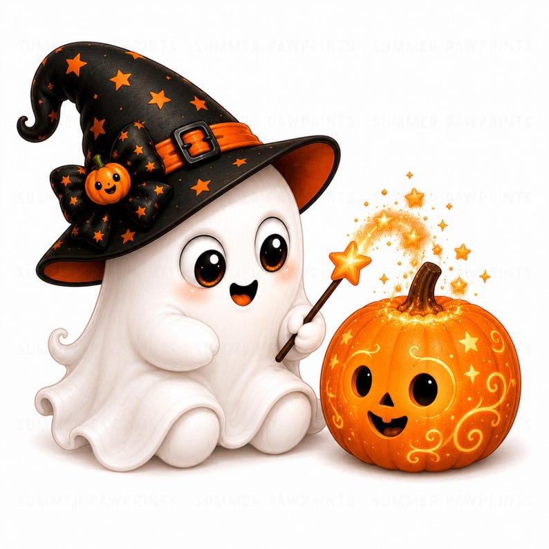 May include: A white ghost character wearing a black witch hat with orange stars and a small pumpkin bow, holding a star-tipped wand that casts glowing sparkles over a carved orange pumpkin with a smiling face and swirling decorative patterns.