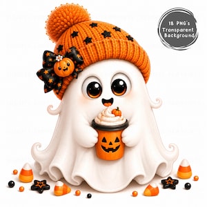 Pode incluir: Um personagem fantasma branco usando um gorro de tricô laranja com estrelas pretas e um laço preto com uma pequena abóbora. O fantasma segura um copo laranja de abóbora com chantilly. O texto diz 18 PNG's Transparent Background.