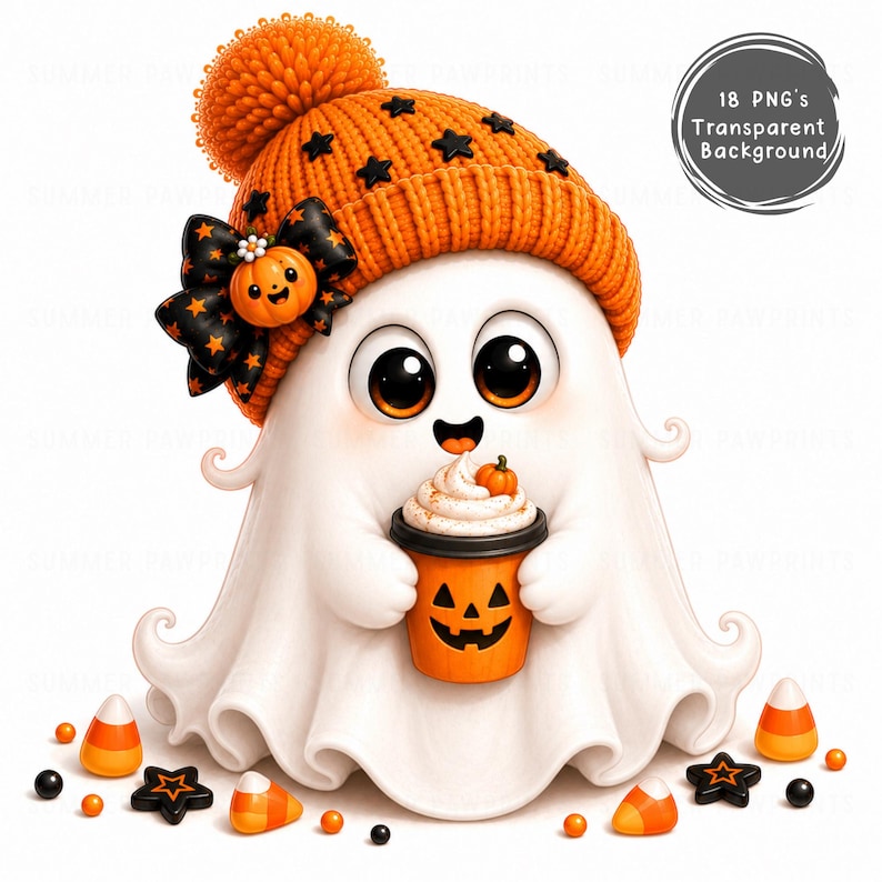 May include: A white ghost character wearing an orange knit beanie with black stars and a black bow featuring a small pumpkin. The ghost holds an orange jack-o'-lantern cup with whipped cream and a tiny pumpkin topper. Text reads 18 PNG's Transparent Background.