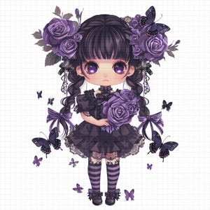 Gothic Chibi Girl Clipart Bundle, Lavender and Black Aesthetic, Kawaii Full-Body Illustrations, Cute Pastel Goth Characters 10 PNG Files