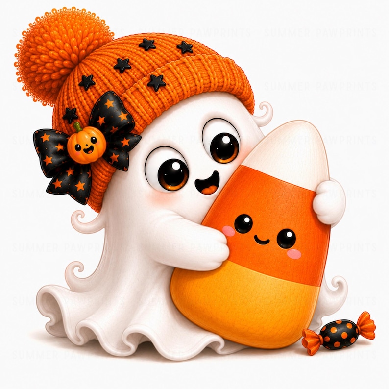 May include: A white ghost character with large black eyes wearing an orange knit beanie with black star accents and a black bow featuring a small pumpkin. The ghost is hugging a large candy corn with a smiling face, next to a small black candy.
