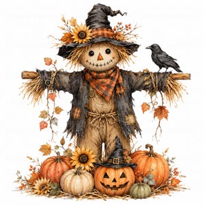 May include: A scarecrow wearing a black witch hat, a dark jacket, and a plaid scarf, standing with a black crow on its arm. The figure is surrounded by orange and white pumpkins, sunflowers, and autumn leaves on a bed of straw.