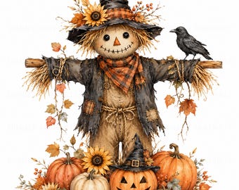 May include: A scarecrow wearing a black witch hat, a dark jacket, and a plaid scarf, standing with a black crow on its arm. The figure is surrounded by orange and white pumpkins, sunflowers, and autumn leaves on a bed of straw.