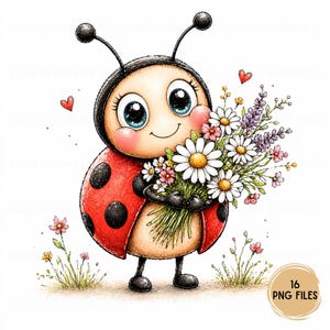 Pacote de Clipart de Joaninhas, Clipart de Insetos Fofos, Joaninha Encantadora em PNG, Clipart de Insetos em Aquarela, Joaninha Floral, Conjunto de Clipart de Primavera