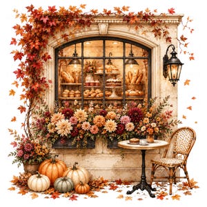 May include: A bakery storefront with an arched window displaying bread, cakes, and pastries. The exterior is decorated with autumn leaves, a black wall lamp, and a window box filled with dahlias. Pumpkins sit on the ground near a bistro table and chair.