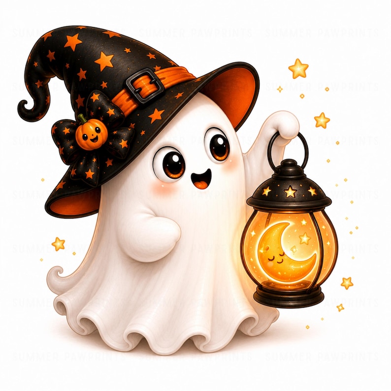 May include: A white ghost character wearing a black witch hat decorated with orange stars and a small pumpkin bow. The ghost has large dark eyes and a smiling mouth, and it is holding a black lantern containing a glowing crescent moon shape.