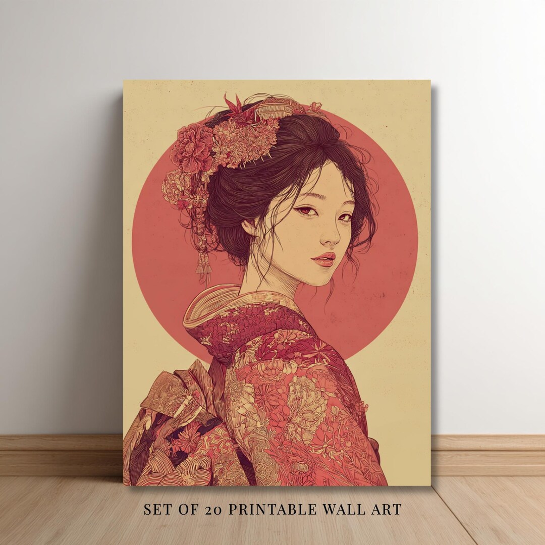 Japanese Woman Kimono Wall Art Printable Set Ukiyo E Style Portrait ...