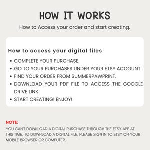 May include: An instructional graphic titled HOW IT WORKS with black text on a light background. It outlines steps to access digital files from Summerpawprint, including downloading a PDF for a Google Drive link, and a note about using a browser.
