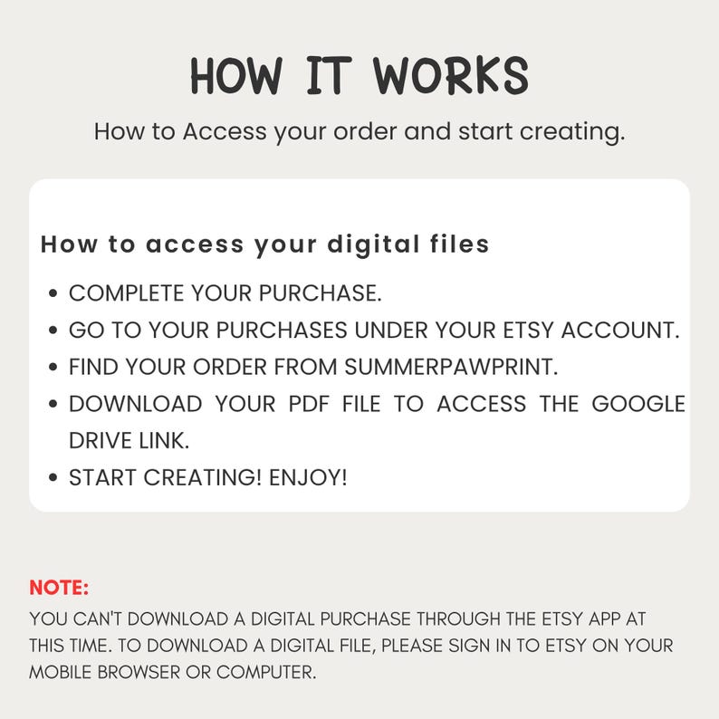 May include: An instructional graphic titled HOW IT WORKS with black text on a light background. It outlines steps to access digital files from Summerpawprint, including downloading a PDF for a Google Drive link, and a note about using a browser.