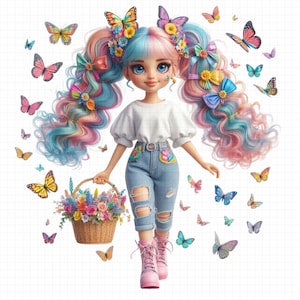 Butterfly Fairy Girl Clipart – Pastel Rainbow Dolls with Wings & Flowers, Digital PNG Bundle