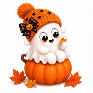 May include: A white ghost character with large dark eyes sits atop a round orange pumpkin. The ghost wears an orange knit beanie with a pom-pom, black stars, and a black bow featuring a small pumpkin. It holds a piece of orange, yellow, and white candy corn.