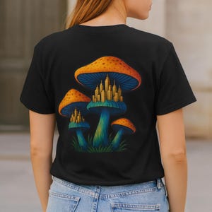 Trippy Mushroom City T-Shirt, Psychedelic Surreal Graphic Tee, Festival Streetwear Shirt, Boho Cottagecore Top, Magic Mushroom Art Tee