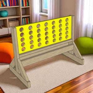 May include: A wooden Connect Four game with a bright yellow game board featuring evenly spaced circular holes. The frame is made of light-colored wood. The game is set on a beige rug, with an orange and green beanbag chair in the background.