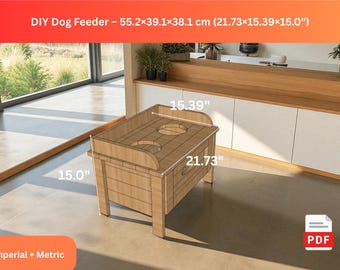 May include: A wooden DIY dog feeder with two circular openings for bowls. The feeder measures 55.2 cm long, 39.1 cm wide, and 38.1 cm high. The text "DIY Dog Feeder" is displayed at the top. The image also includes a PDF icon.
