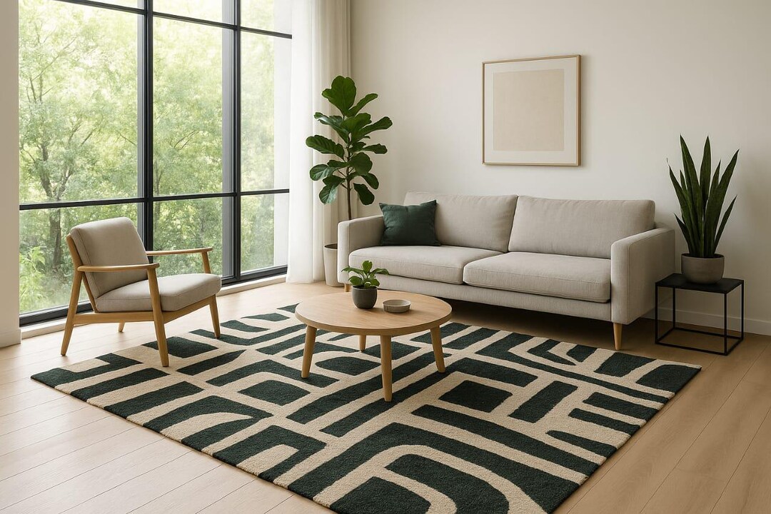 5x7 Ft Rug Geometric Hand-tufted Wool Rug for Living Room Black & Beige ...