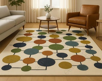 Puede incluir: Una alfombra rectangular crema con un patrón de círculos coloridos conectados por líneas negras. Los círculos son en tonos de azul, verde, naranja y amarillo. La alfombra está en un salón.