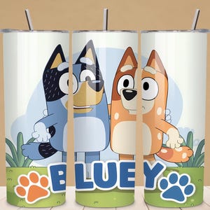 Vaso con tapa abatible para niños de 12 oz y 20 oz con diseño de familia de perros azules en 3D, vaso recto PNG, vaso con dibujos animados para niños, descarga instantánea