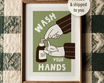 Wash Your Hands Print | Hygiene Poster | Retro Bathroom Wall Art