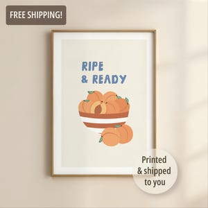 Poster stampabile con pesca / Arte murale retrò con frutta per la cucina / Illustrazione estiva con pesca / Stampa di cibo in stile vintage